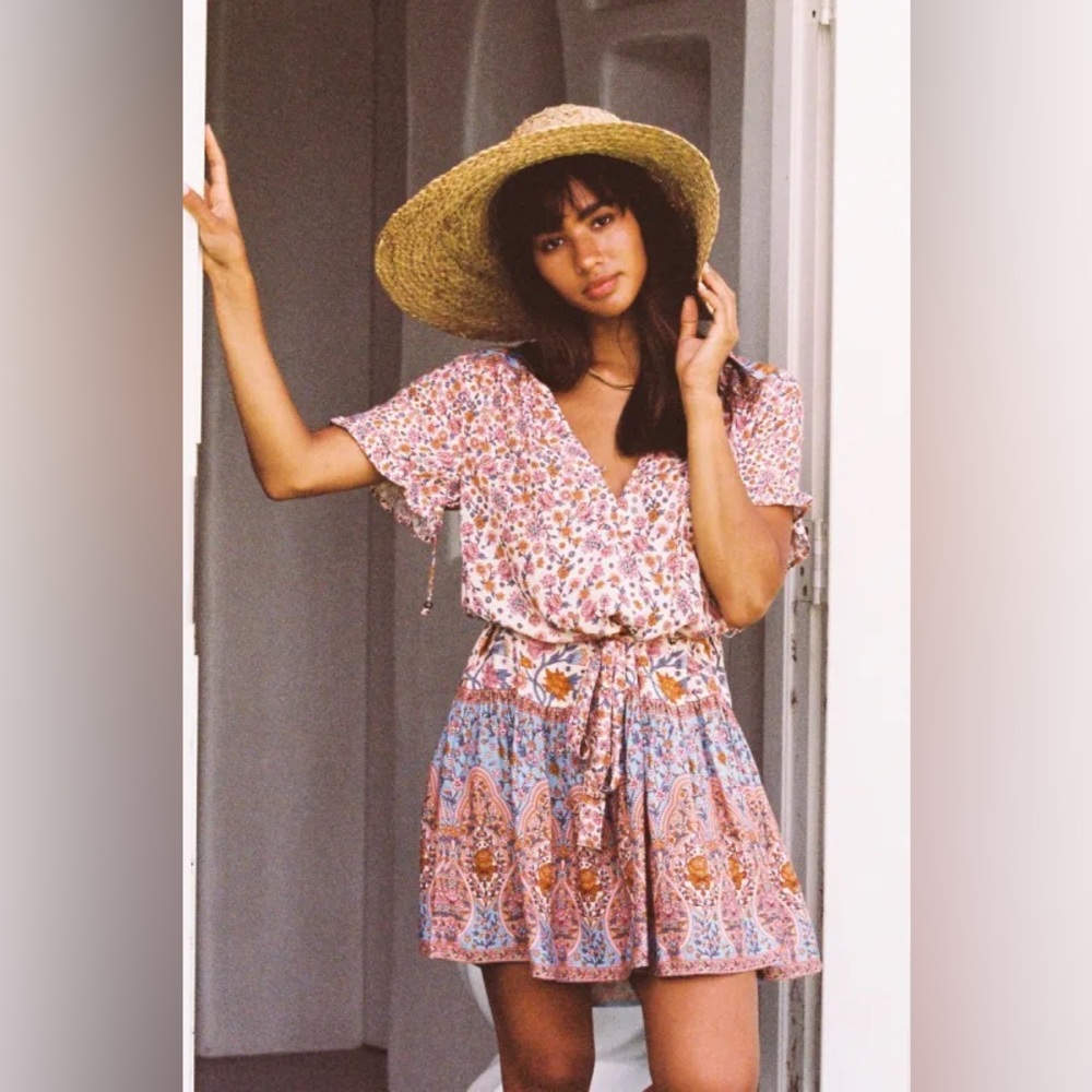 Arnhem Mai Kaftan Mini Dress in Lychee Pink Blue Floral Size 6 US XS Boho Chic